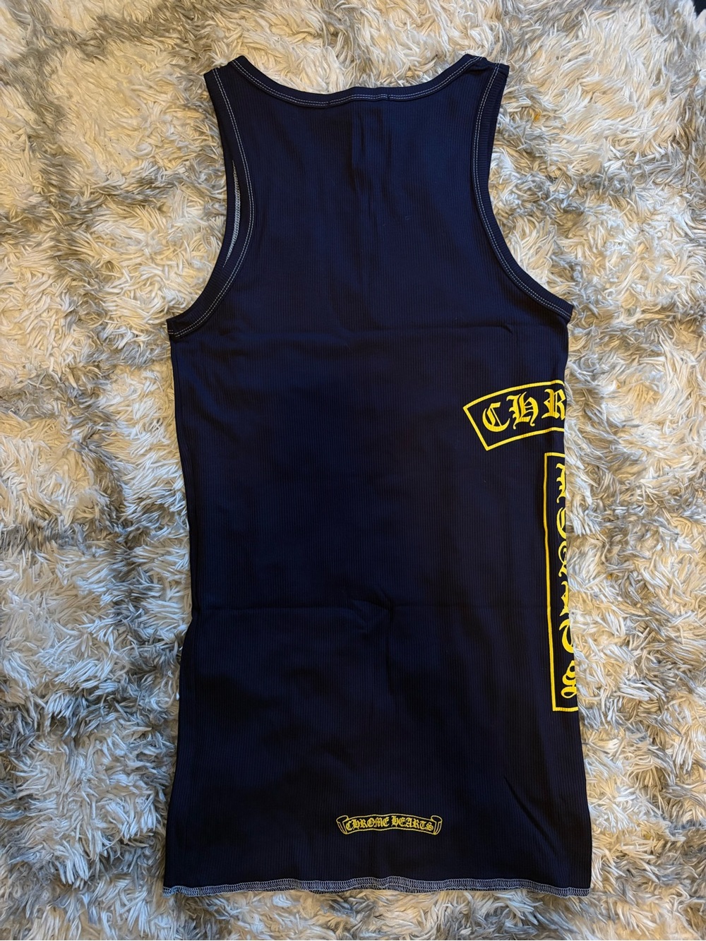 Chrome Hearts Navy Tank Top with Yellow Gothic Logos - Picture 3 of 5